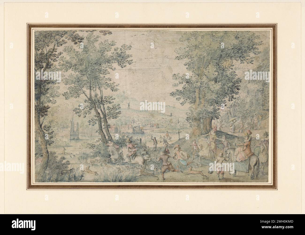 Landscape near Brussels with deer show, Denis van Alsloot (Possible), 1620 - 1640 drawing   paper. watercolor (paint). ink pen / brush stag-hunting. forest, wood Brussels Stock Photo