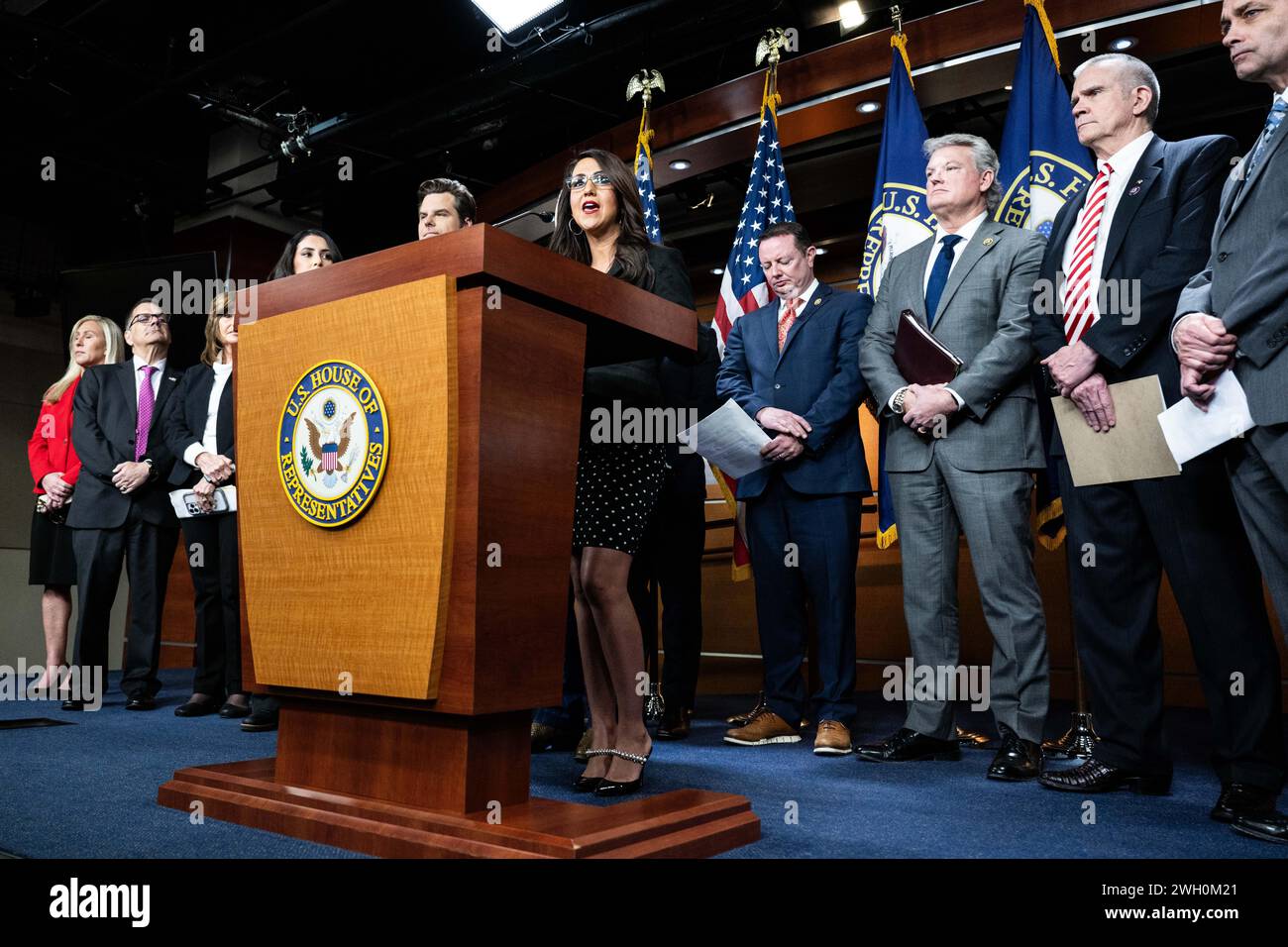Washington, United States. 06th Feb, 2024. U.S. Representative Lauren Boebert (R-CO) speaking about a House resolution declaring that former President Donald Trump (R) did not engage in an insurrection against the United States at the U.S. Capitol. Credit: SOPA Images Limited/Alamy Live News Stock Photo