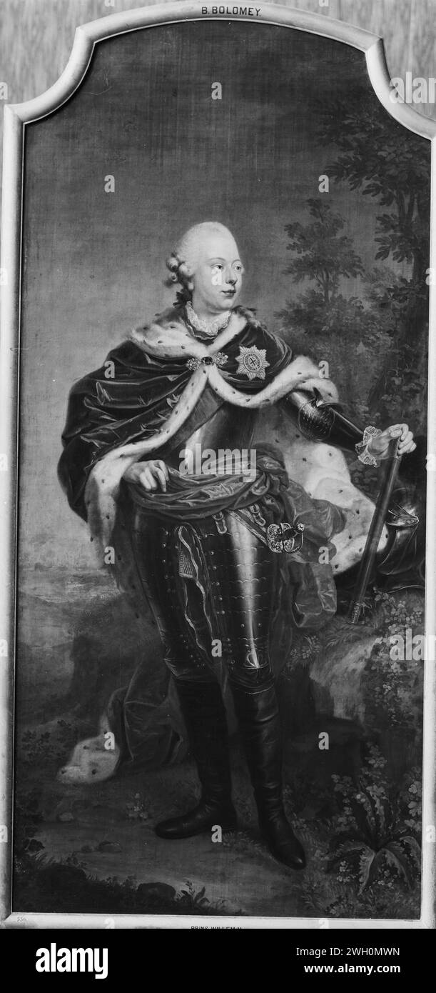 Willem V (1748-1806), Prince of Orange-Nassau, Benjamin Samuel Bolomey, 1770 painting Portrait of Willem V, Prince of Oranje-Nassau.ten feet out, in armor, standing by a rock with a commandosta in the left hand. Pendant of SK-A-949.  canvas. oil paint (paint)  historical persons Stock Photo