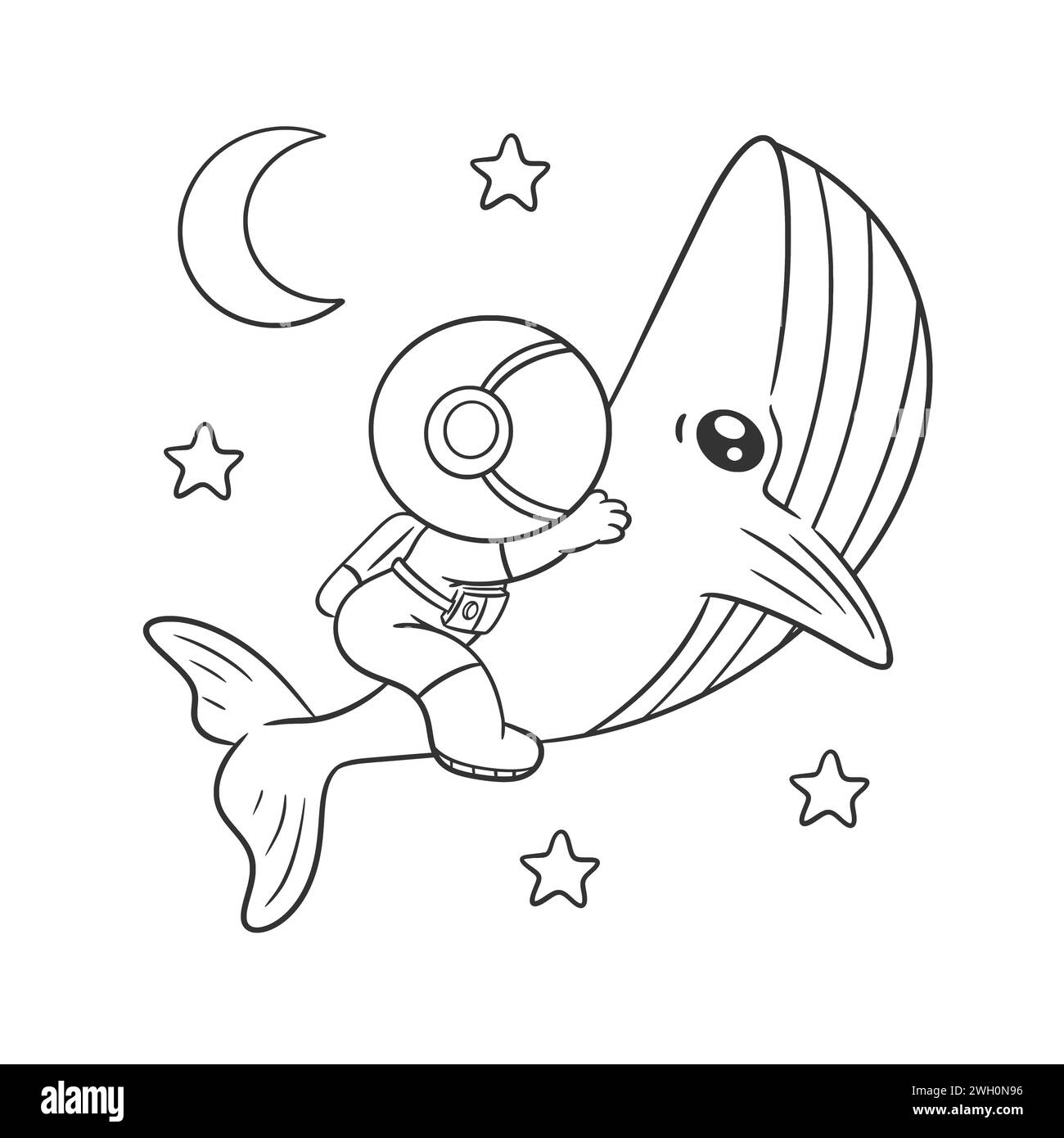 Astronaut is riding a huge whale for coloring Stock Vector