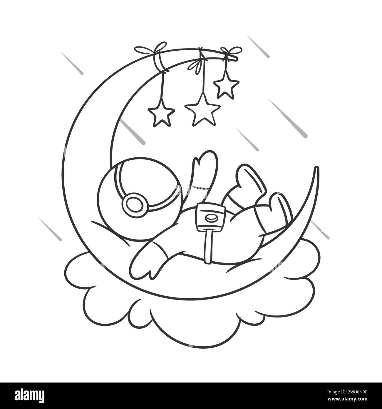 Astronauts are on the moon and looking at the stars for coloring Stock Vector