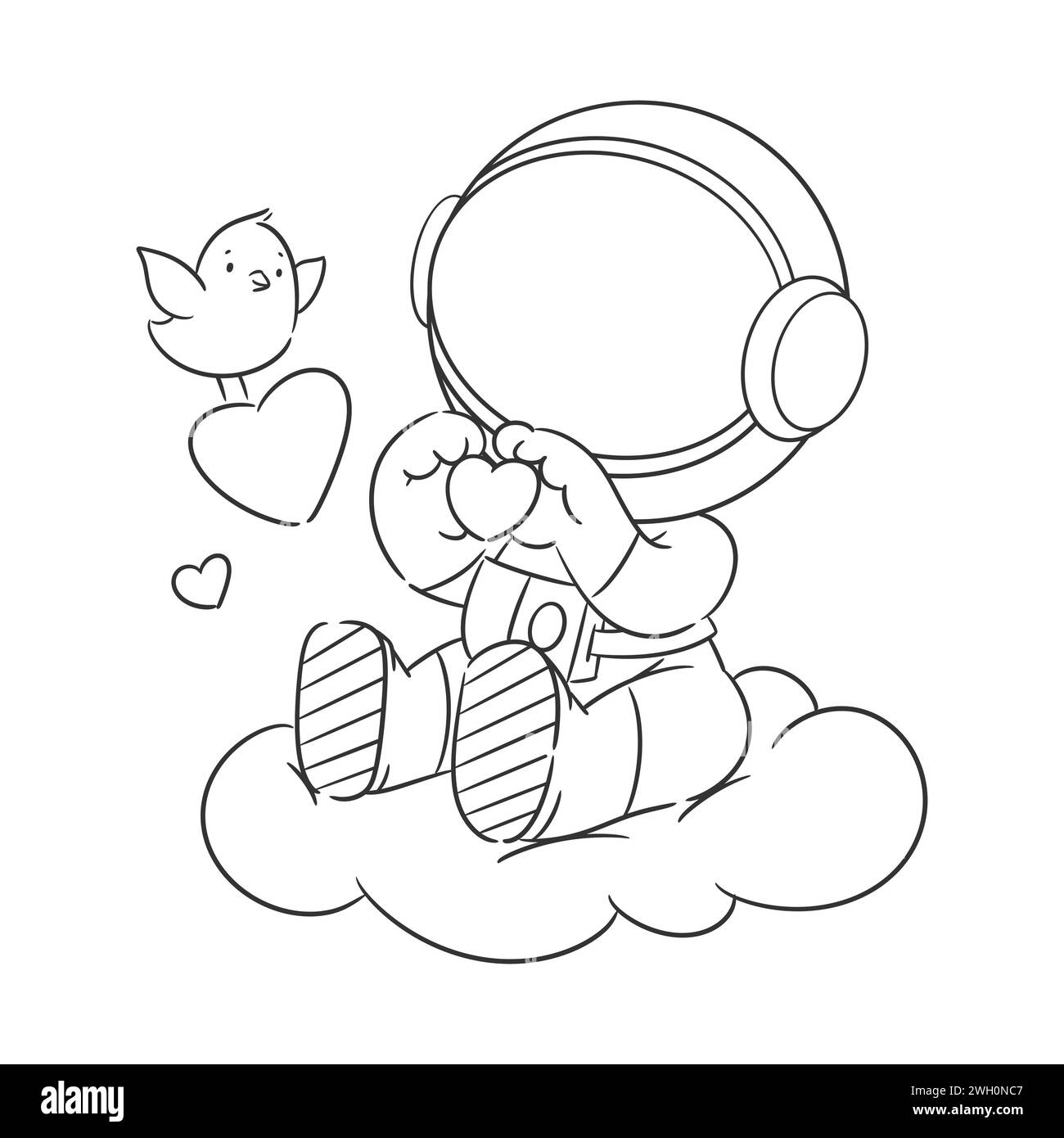 Astronauts are in the clouds and share their love with birds for coloring Stock Vector
