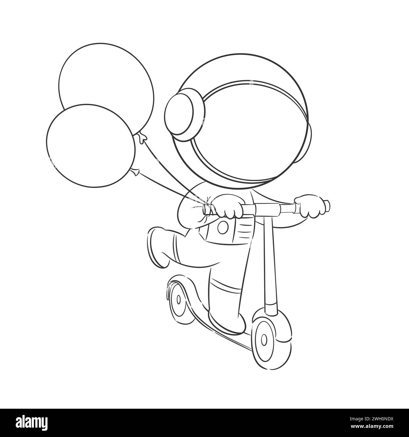 Astronauts playing on scooters and carrying balloons for coloring Stock Vector