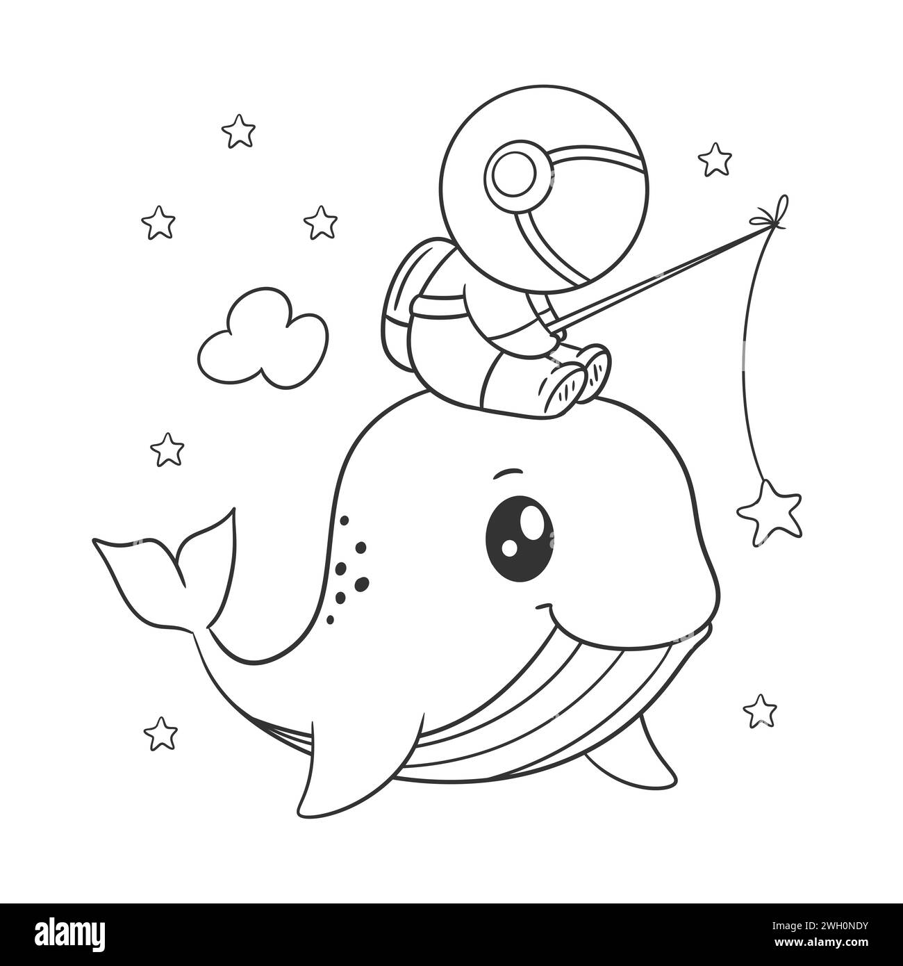 Astronauts are fishing for whales for coloring Stock Vector
