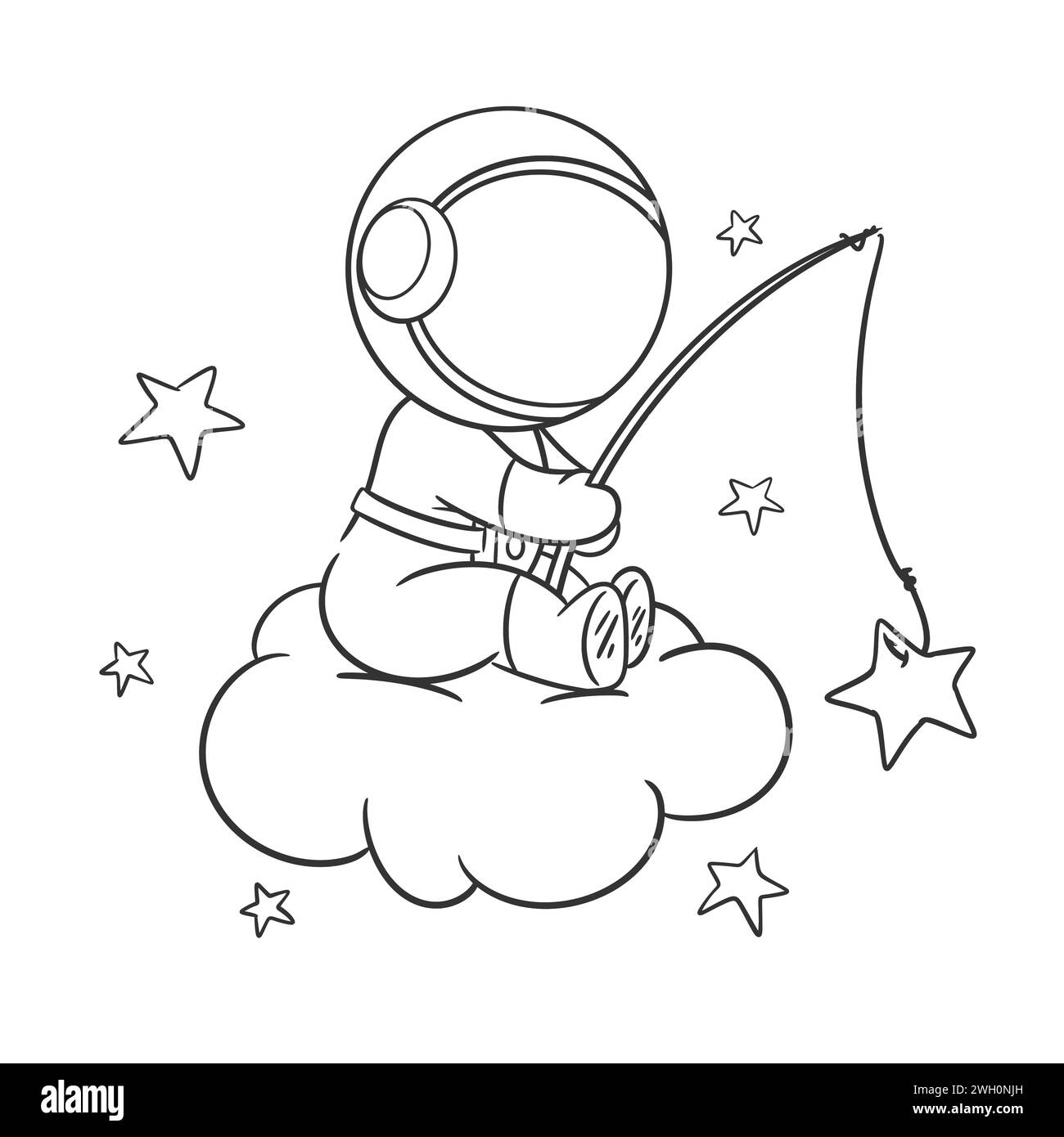 Astronauts are in the clouds fishing for coloring Stock Vector