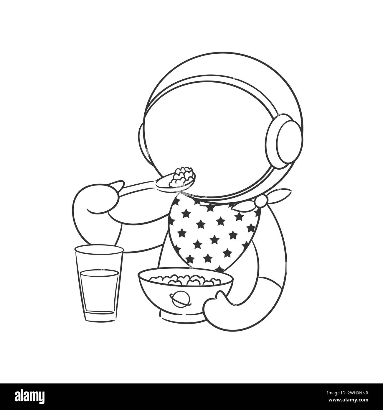 Astronauts are eating breakfast plus a glass of milk for coloring Stock