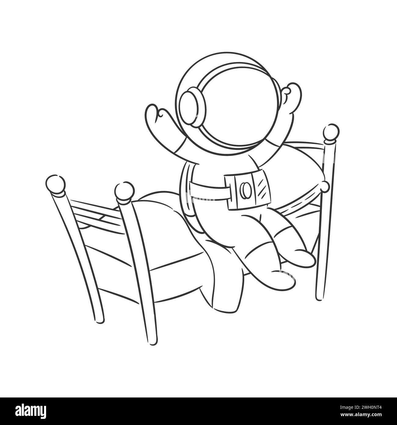 Astronaut is waking up from his bed for coloring Stock Vector