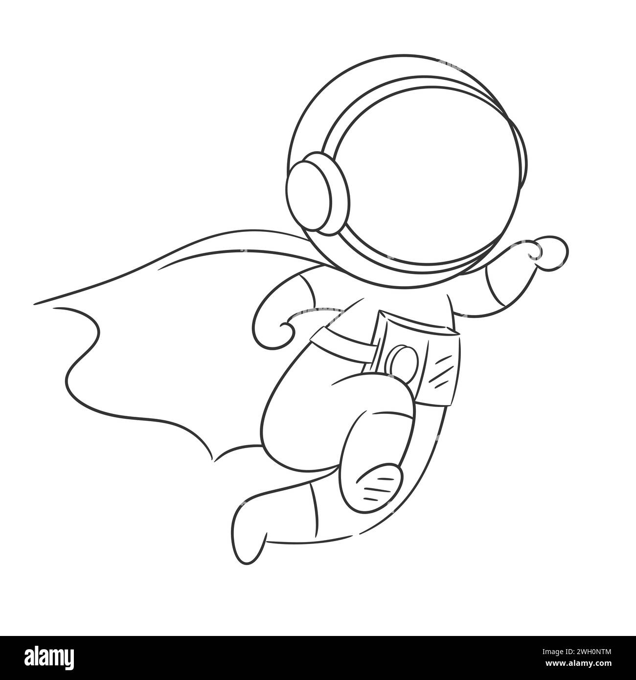 Astronaut is flying and wearing superhero cape for coloring Stock Vector