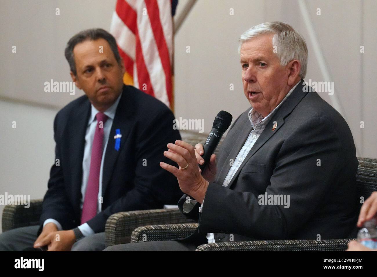 Creve Coeur, United States. 06th Feb, 2024. Missouri Governor Mike Parson makes his remarks as Mark Wilf Owner & President of the Minnesota Vikings, current Chair of the Jewish Agency for Israel, listens during their panel discussion at the St. Louis Kaplan Feldman Holocaust Museum in Creve Coeur, Missouri on Tuesday, February 6, 2024. The panel discussed the importance of Israel's actions, the war and antisemitic activity across North America. Photo by Bill Greenblatt/UPI Credit: UPI/Alamy Live News Stock Photo