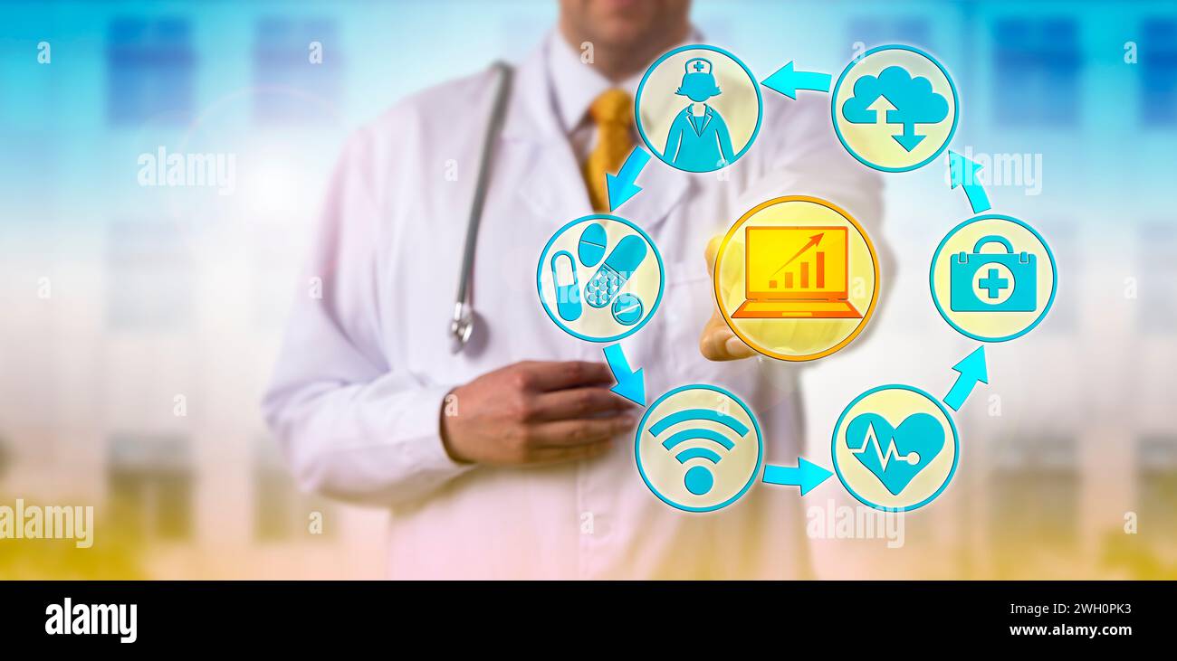 Unrecognizable general practitioner is combining information technology and healthcare applications onscreen to improve patient care. Medical sector, Stock Photo