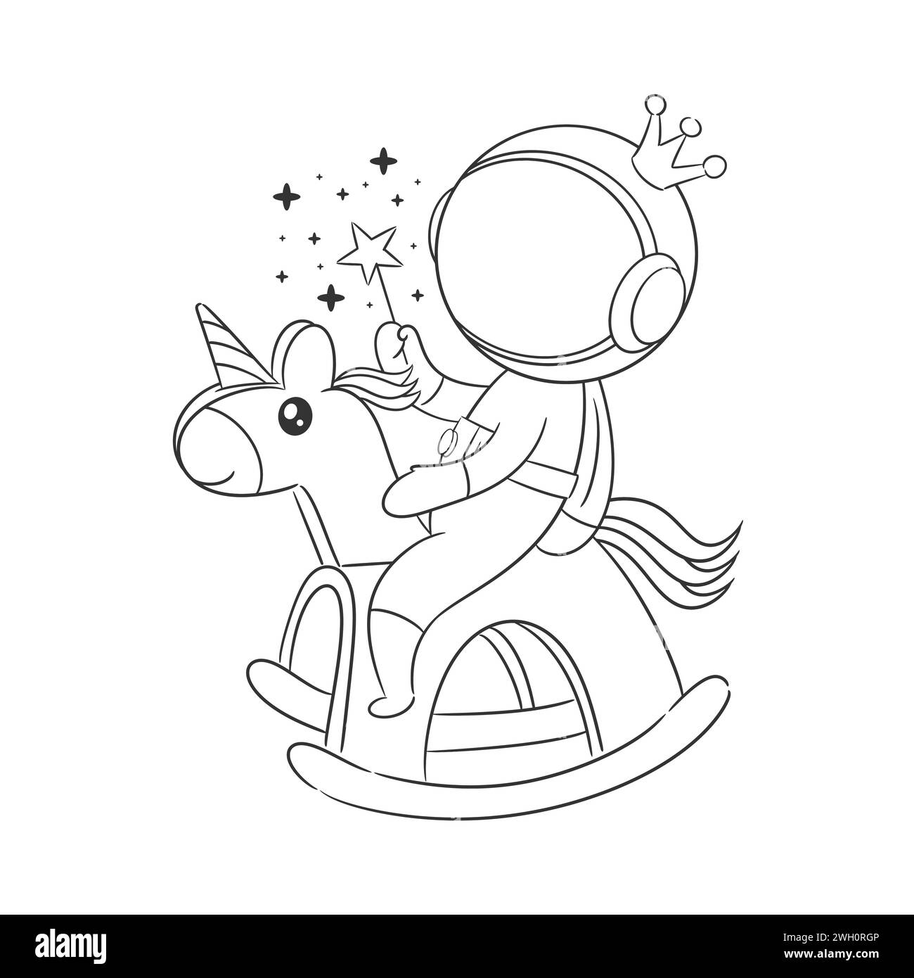 Astronaut riding a toy unicorn for coloring Stock Vector