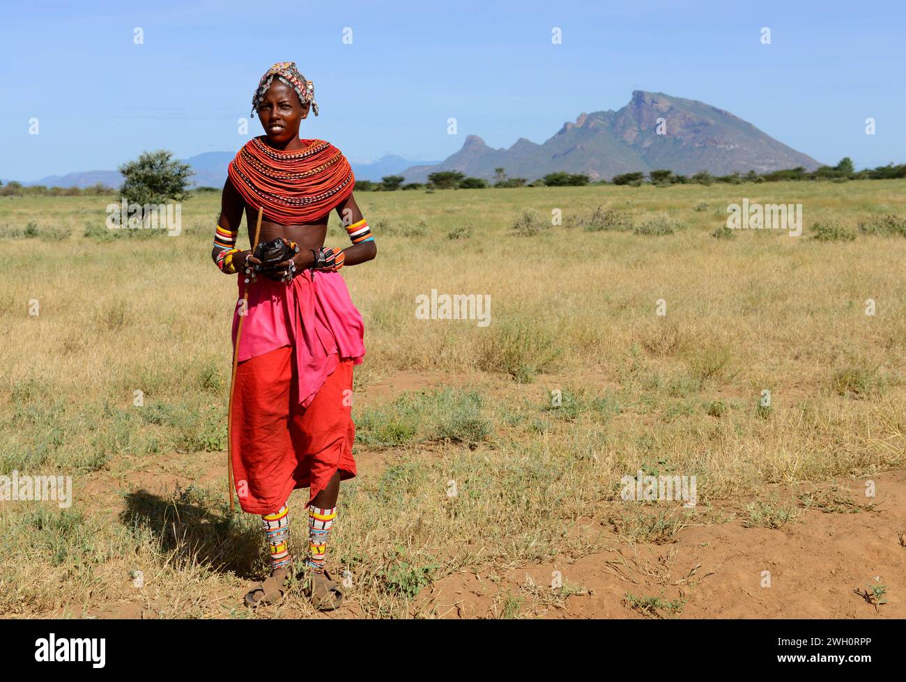 A young Samburu woman wearing a traditional multi-beaded necklace. Laisamis-South Horr road, Kenya Stock Photo