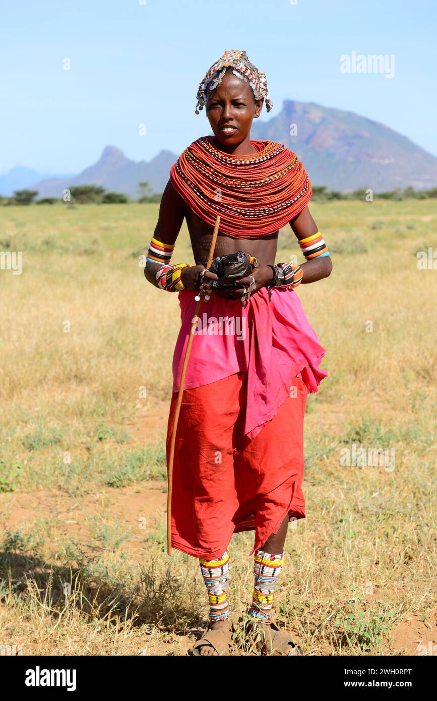 A young Samburu woman wearing a traditional multi-beaded necklace. Laisamis-South Horr road, Kenya Stock Photo