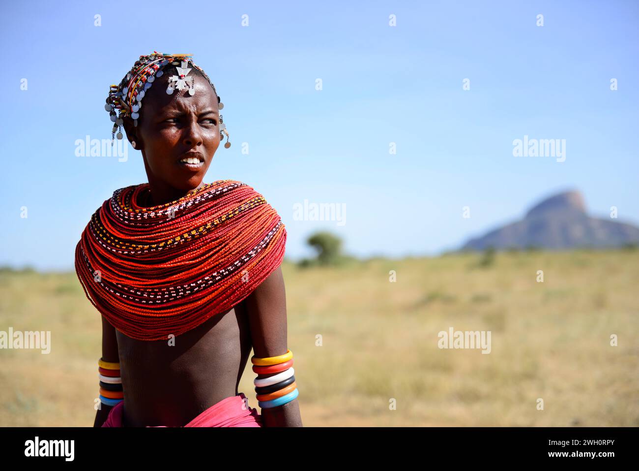A young Samburu woman wearing a traditional multi-beaded necklace. Laisamis-South Horr road, Kenya. Stock Photo