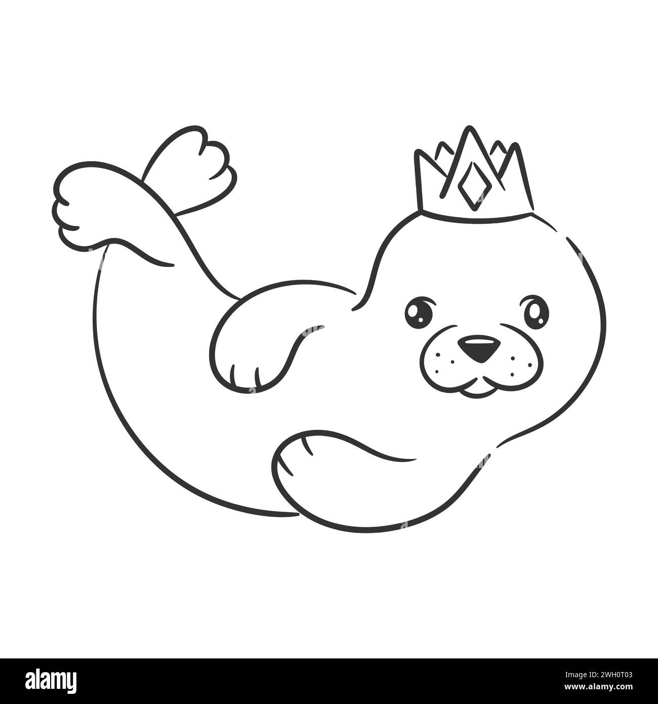 Cute sea lion wearing crown on head for coloring Stock Vector