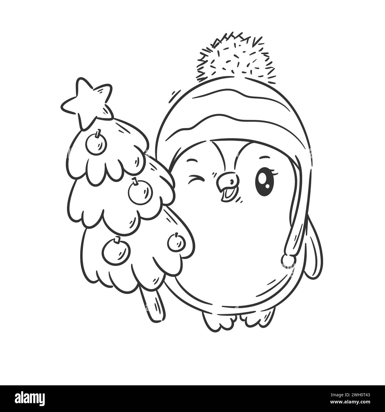 Cute penguin wearing a head warmer and carrying a Christmas tree