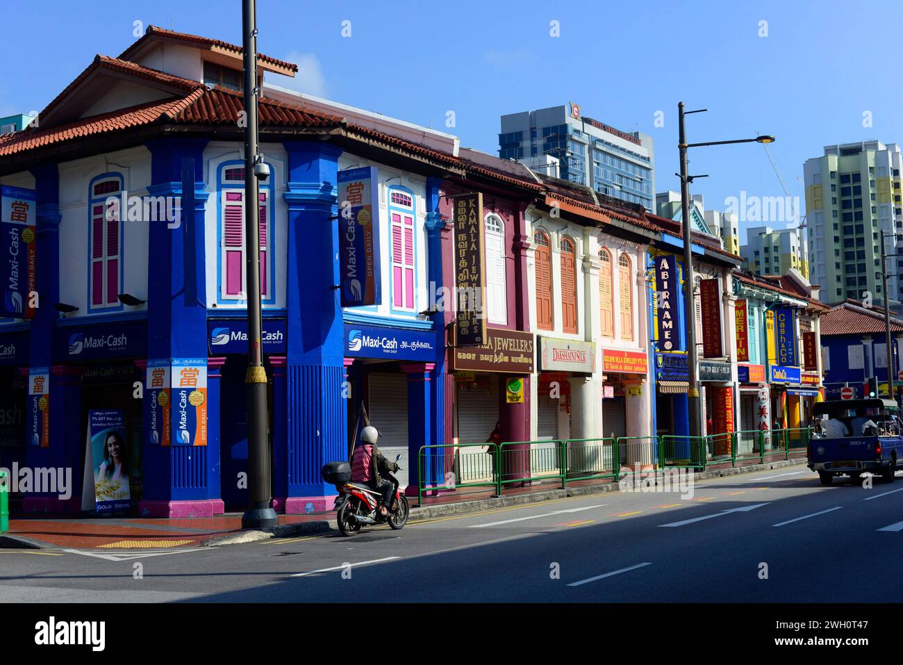 Colorful old buildings in Little India in Singapore. Stock Photo