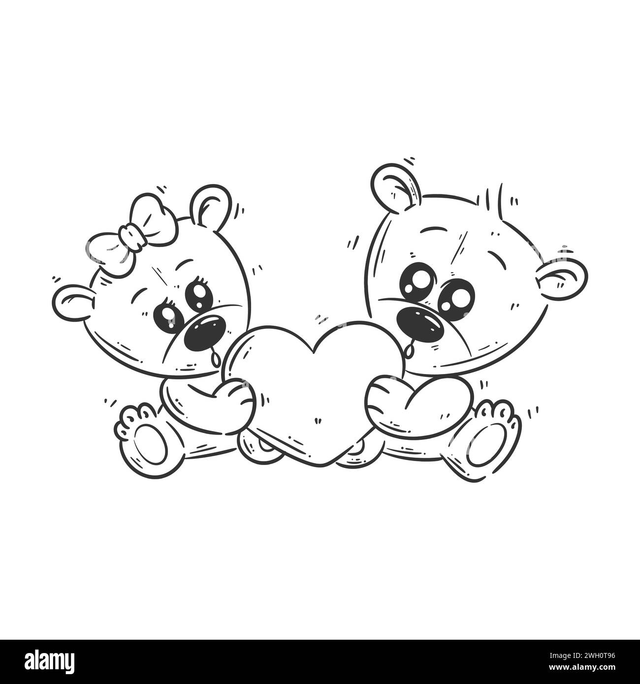 Two cute bears sitting carrying a heart cartoon vector for coloring Stock Vector
