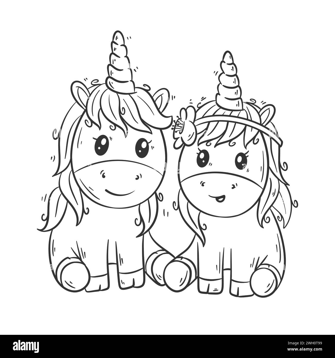 Two cute unicorns are sitting together cartoon vector for coloring Stock Vector