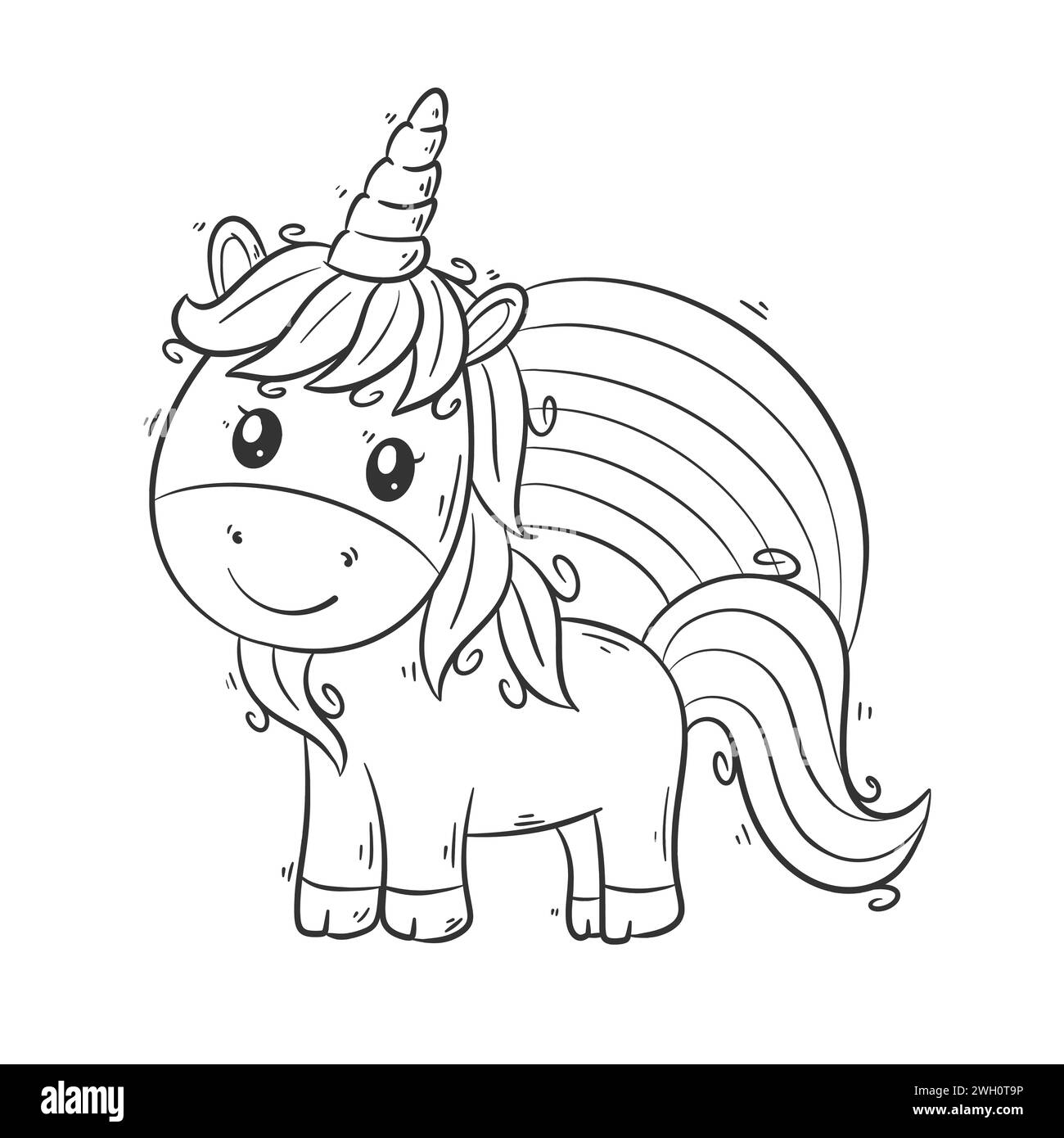 Cute unicorn standing in front of rainbow cartoon vector for coloring Stock Vector