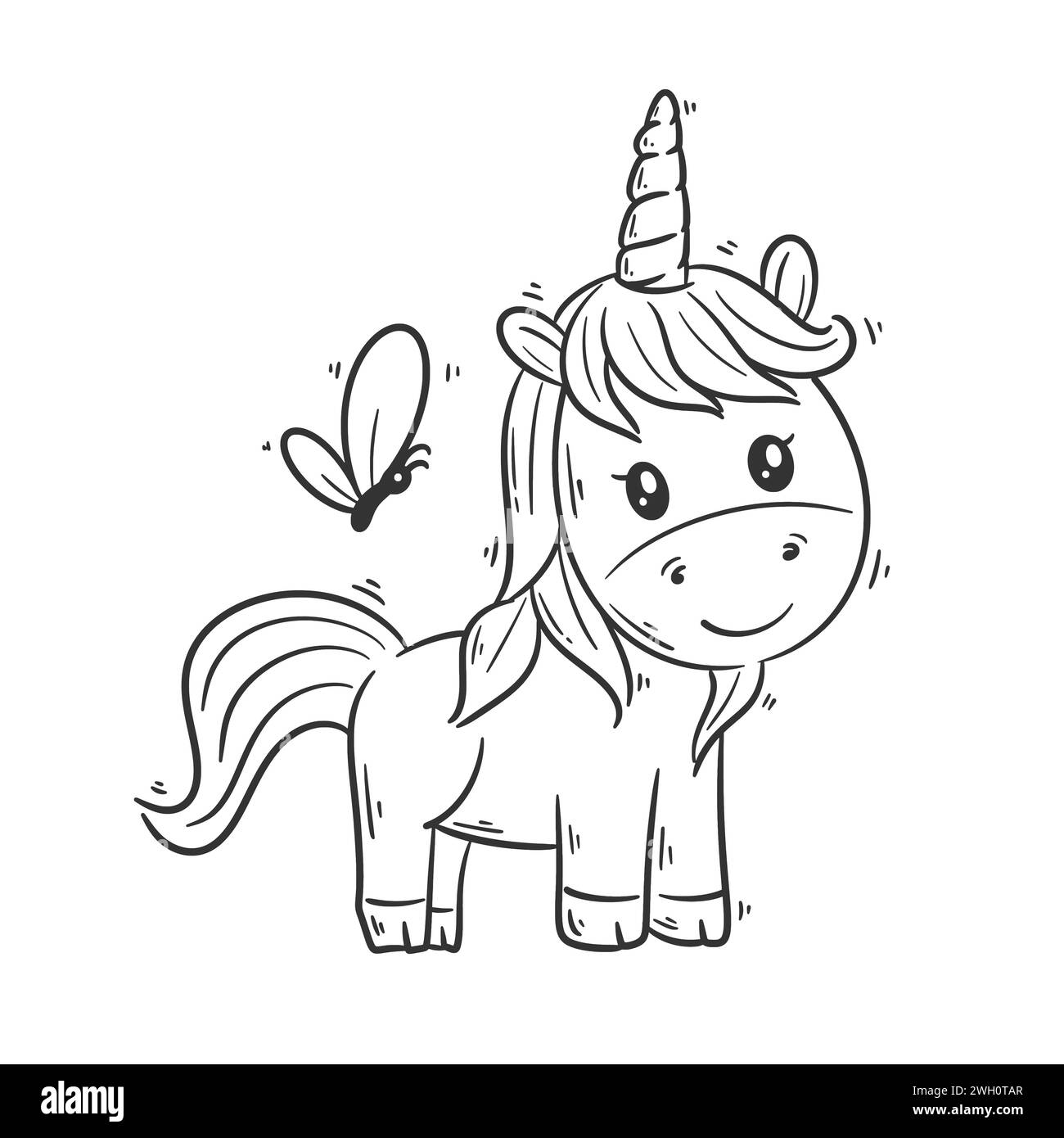 Cute unicorn standing with butterfly cartoon vector for coloring Stock Vector