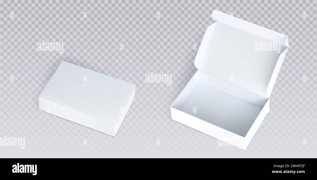White closed and open cardboard box mockup top angle view. Realistic vector  illustration set of blank carton package for delivery or gift concept.  Rectangular low paper pack with cover mock up Stock, image size:1300x737
