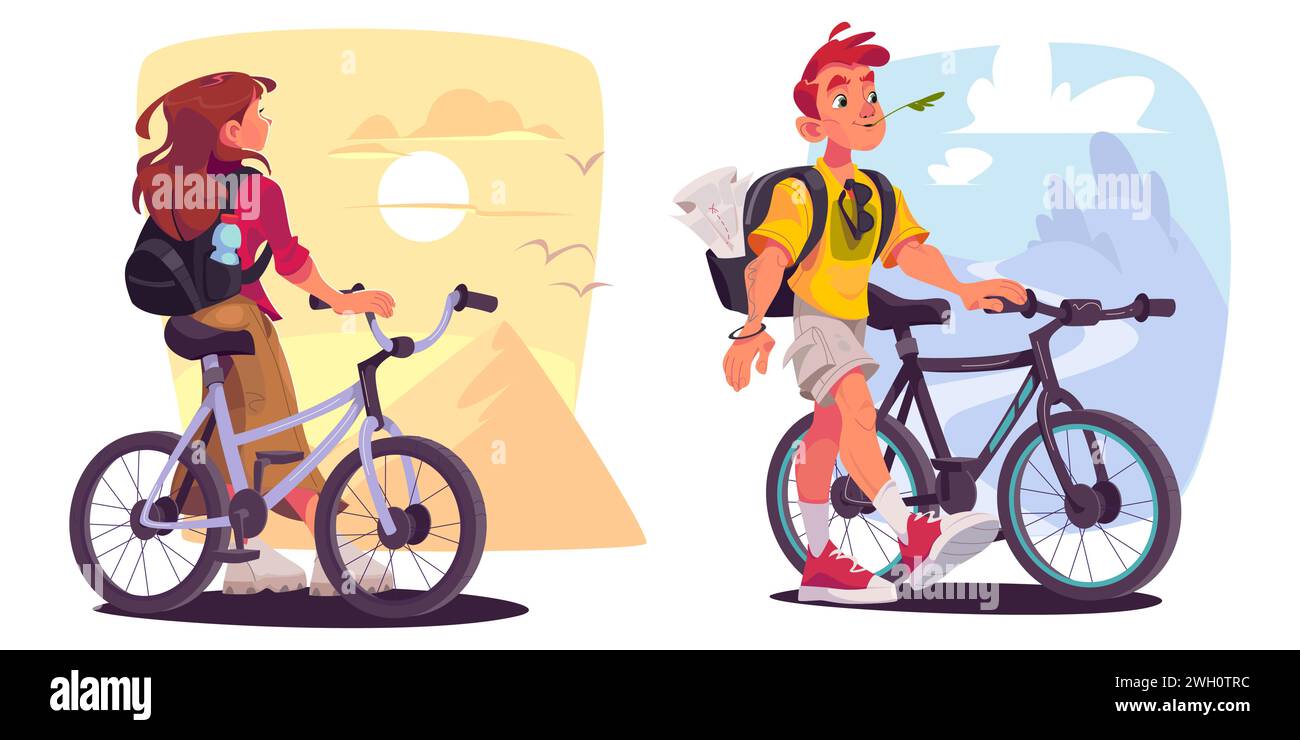 Set of cycling tourists traveling by bike. Vector cartoon illustration of young man, woman enjoying field ride, admiring sunset in sandy desert with ancient pyramid, birds in sky, active lifestyle Stock Vector