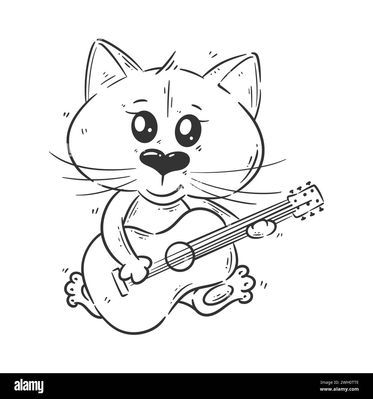 Cute cat plays guitar for coloring Stock Vector