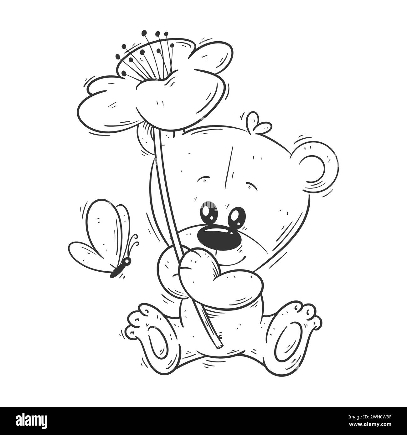 Cute bear is holding a flower for coloring Stock Vector