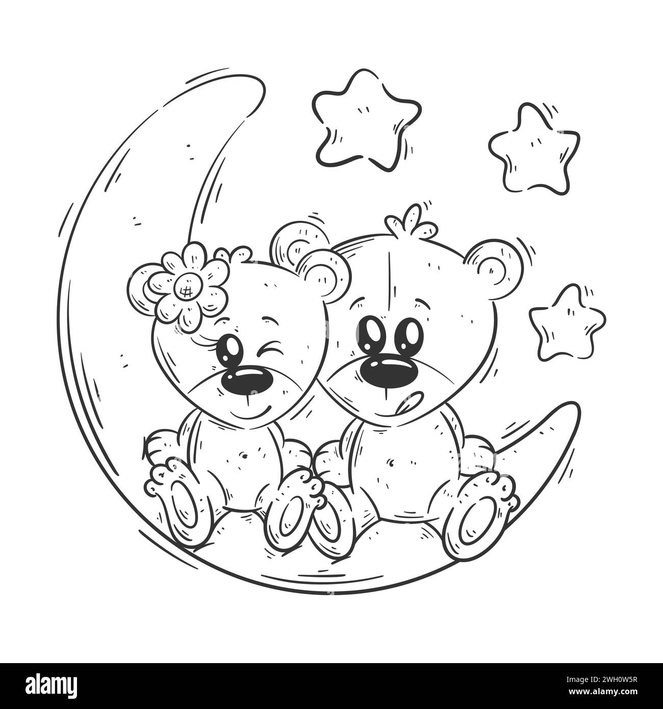 A pair of cute bears are sitting on the moon for coloring Stock Vector