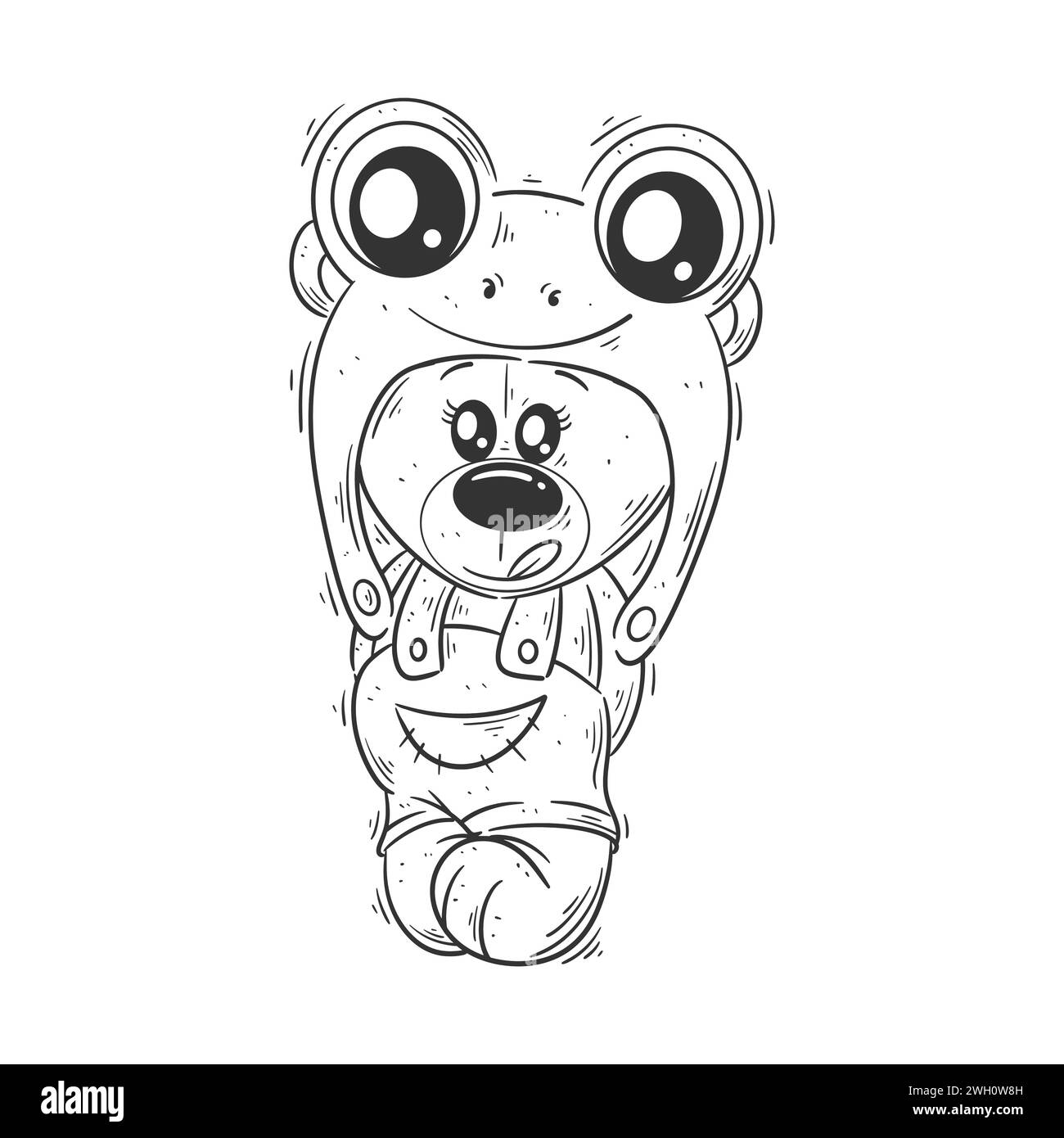 Cute bear wearing a frog hat for coloring Stock Vector