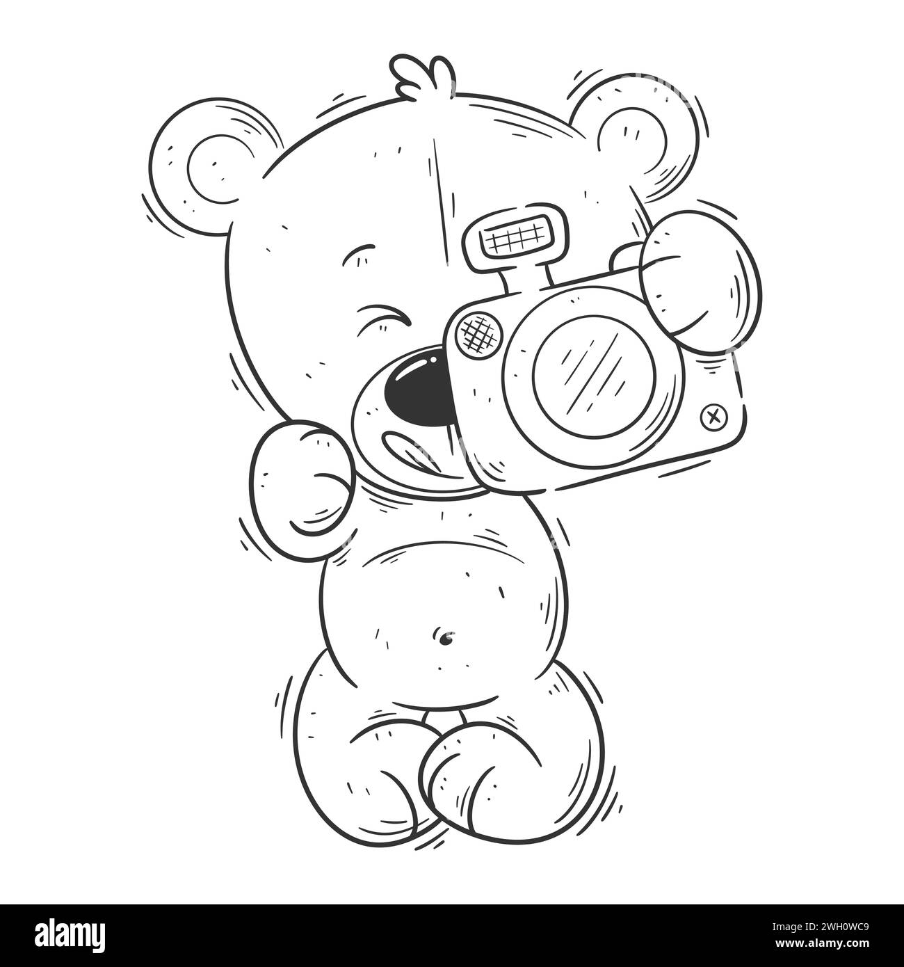 Cute teddy bear carrying a camera for coloring Stock Vector