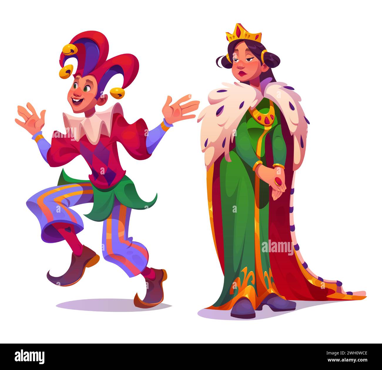 Medieval people character cartoon vector set. Young woman queen or princess with crown in long dress and funny smiling male jester in clown costume. Ancient middle age history or fairytale person. Stock Vector