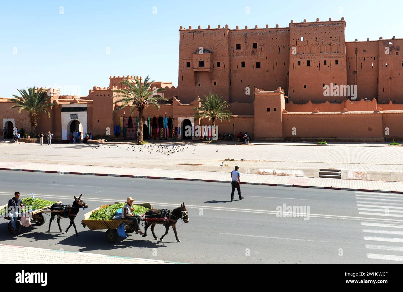 Donkey carts carrying fresh vegetables passing by the kasbah of Taourirt in the old city of Ouarzazate, Morocco. Stock Photo