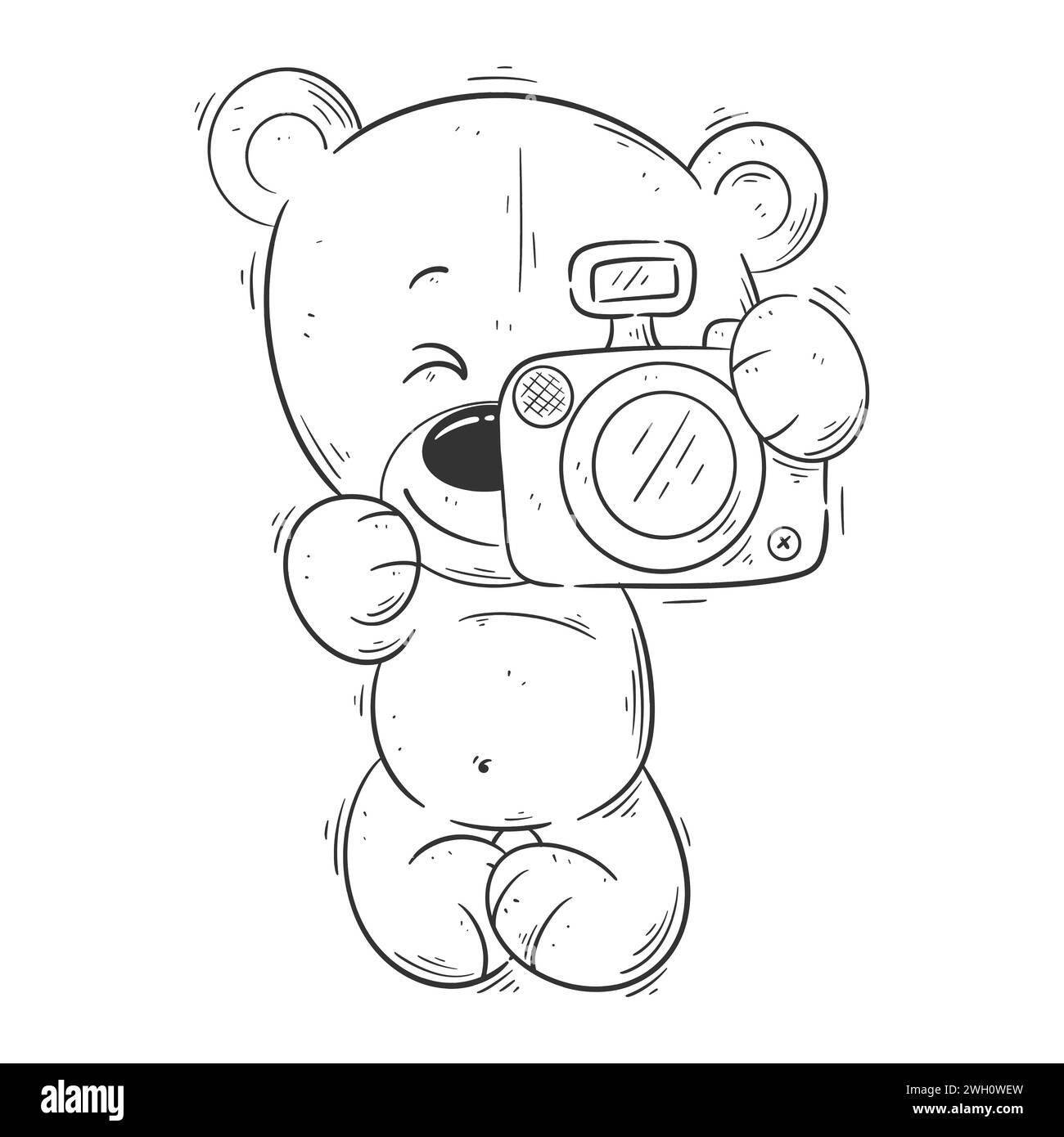 Cute bear carrying a camera for coloring Stock Vector