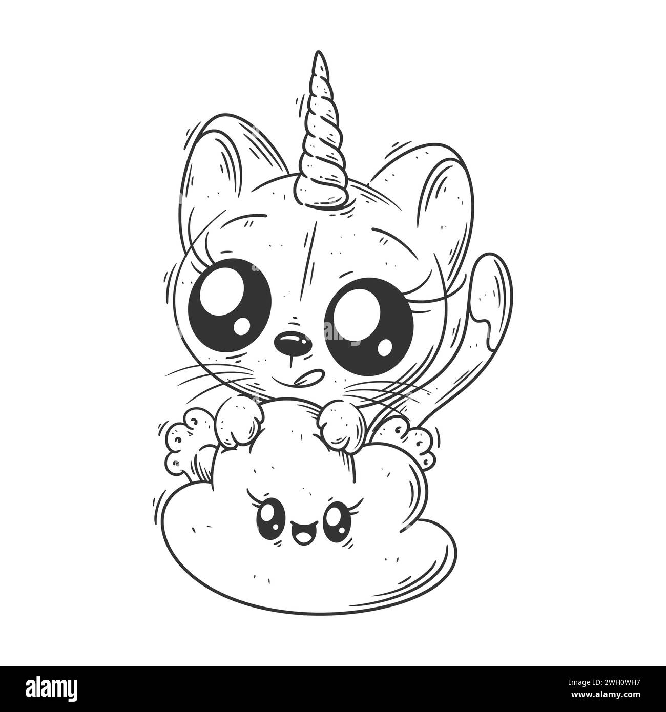 Cute unicorn cat sitting on a cloud for coloring Stock Vector