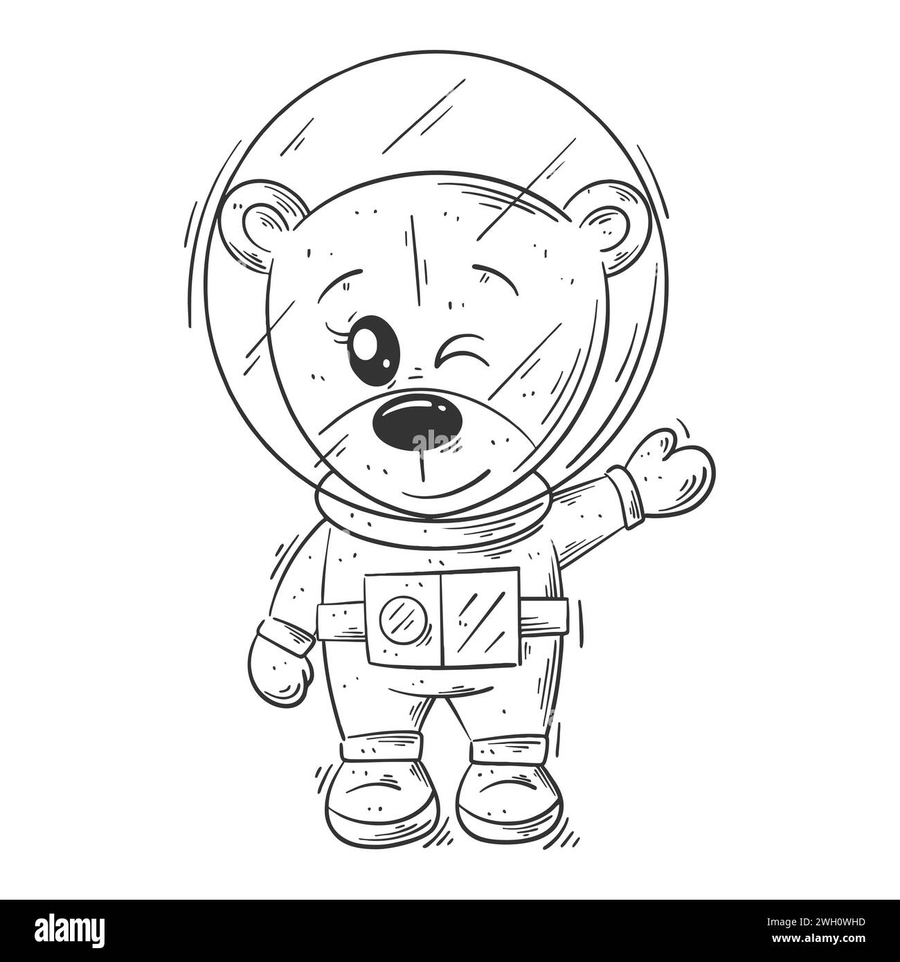 Cute Bear standing alone and wearing astronaut suit for coloring Stock