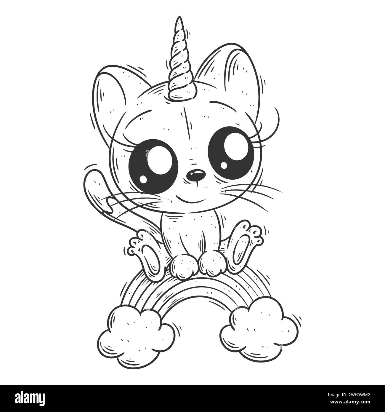 Cute unicorn cat sitting on the rainbow for coloring Stock Vector