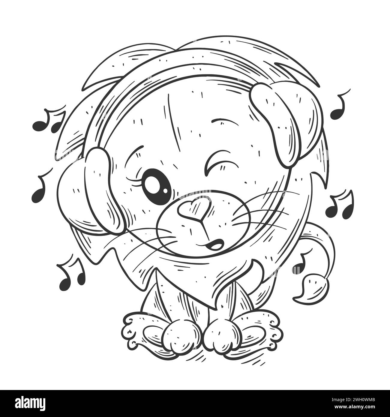 Cute lion sitting and listening to music for coloring Stock Vector