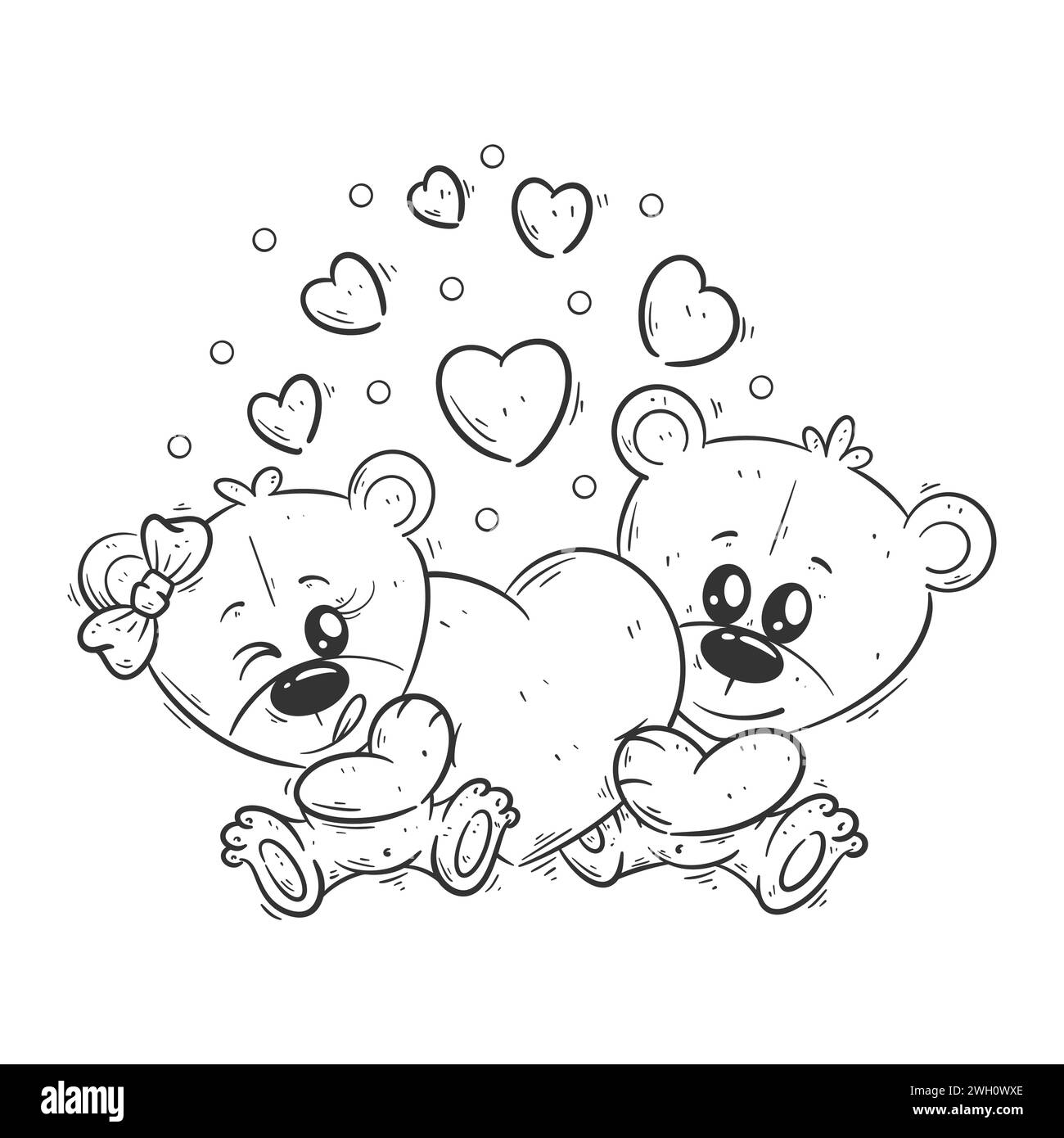A pair of cute bears are spreading hearts for coloring Stock Vector