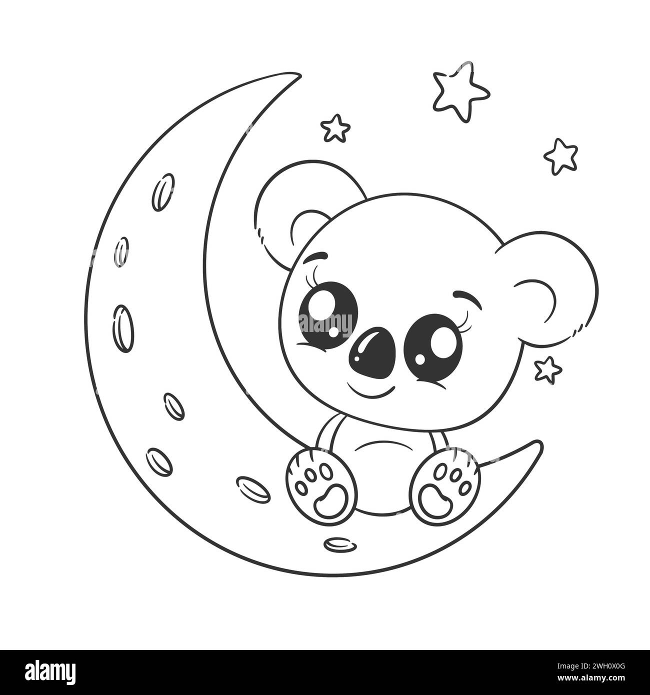 Cute koala is sitting on the moon alone for coloring Stock Vector