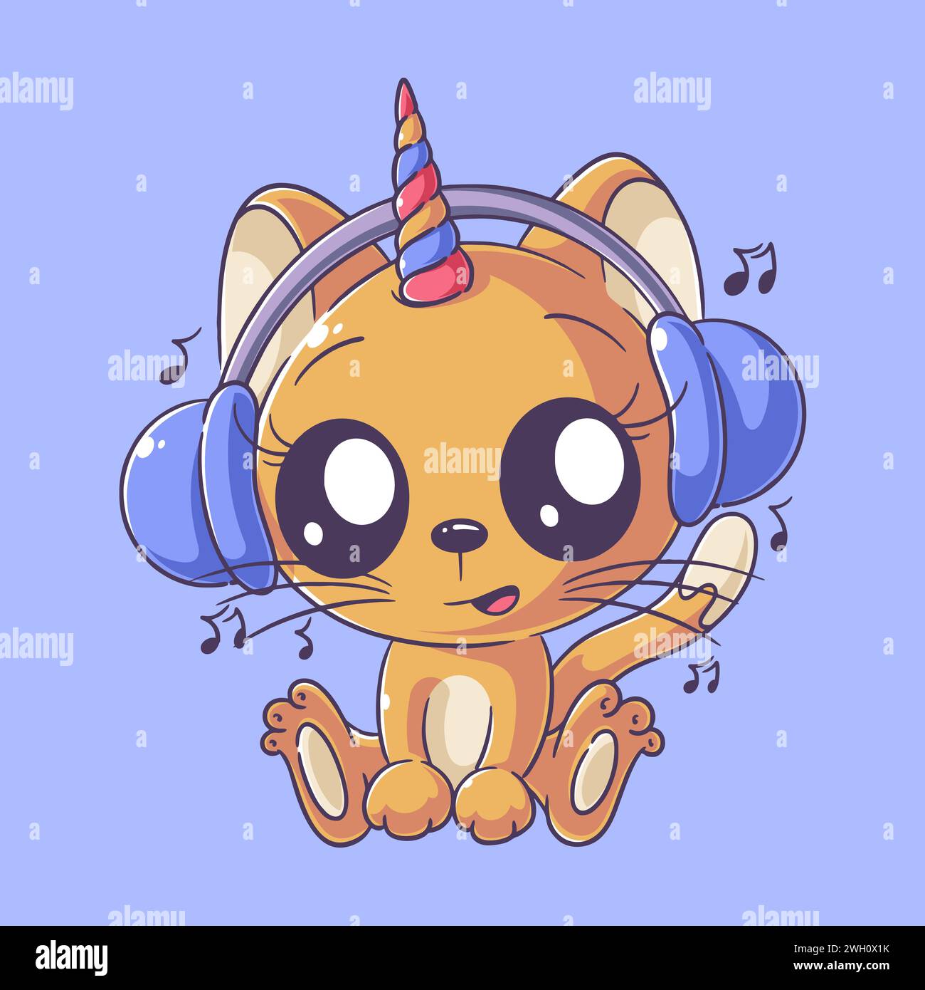 Cute unicorn cat sitting and listening to music Stock Vector