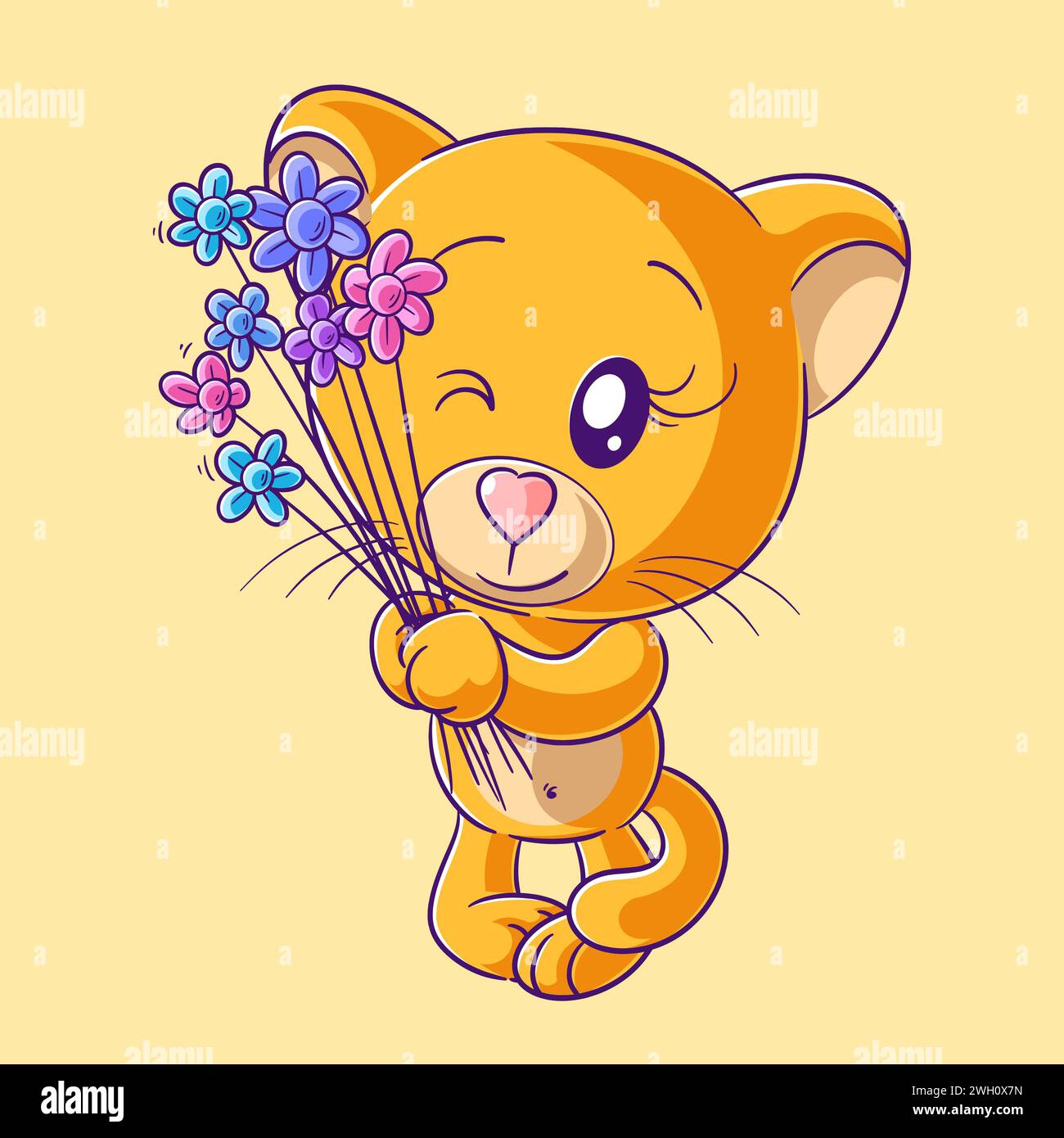 Cute lioness carrying a flower Stock Vector
