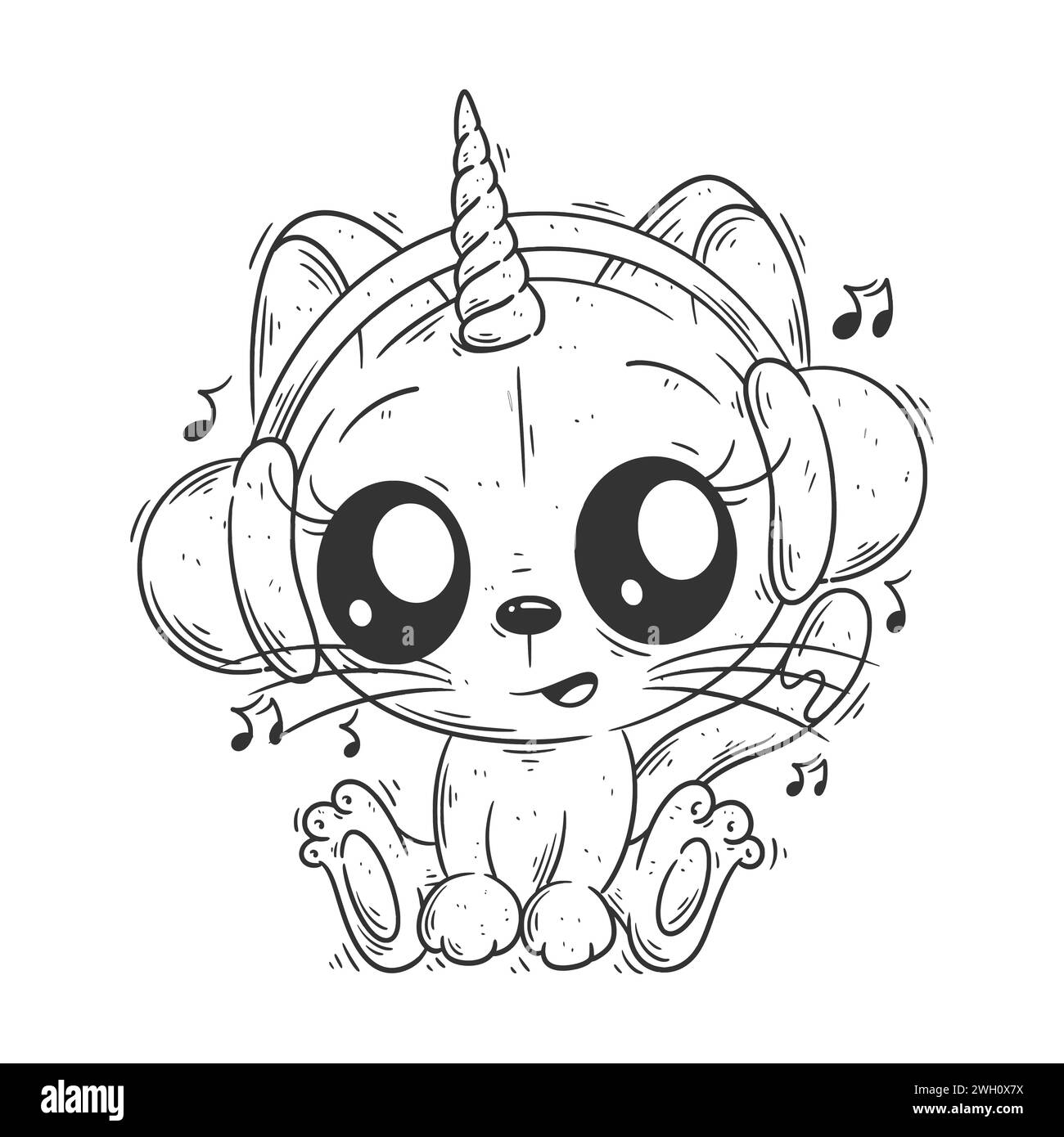 Cute unicorn cat sitting and listening to music for coloring Stock Vector