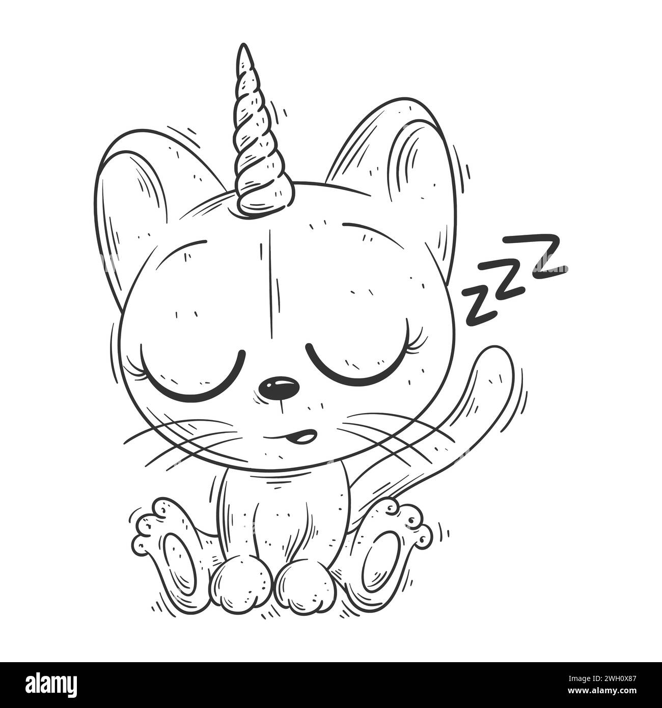Cute unicorn cat sitting and sleeping for coloring Stock Vector