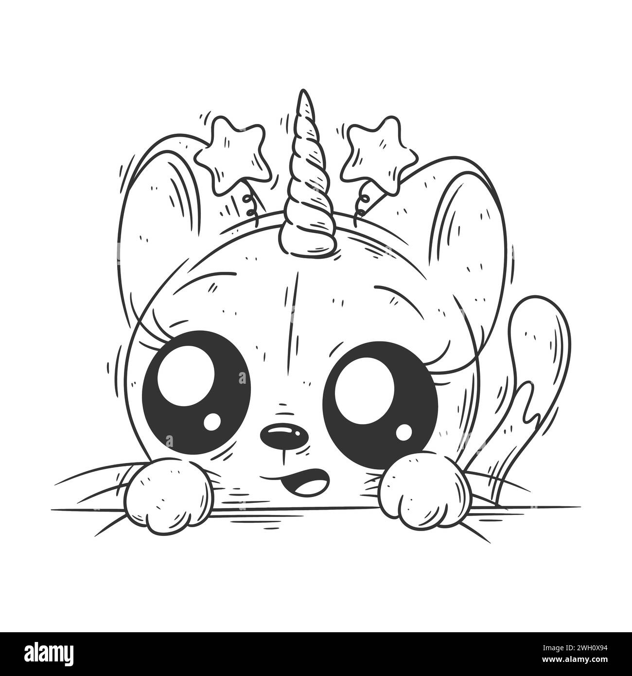 Cute unicorn cat wearing a star headband for coloring Stock Vector