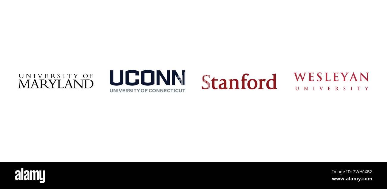 University of Connecticut, Stanford, University of Maryland, Wesleyan University. Vector illustration, editorial logo. Stock Vector