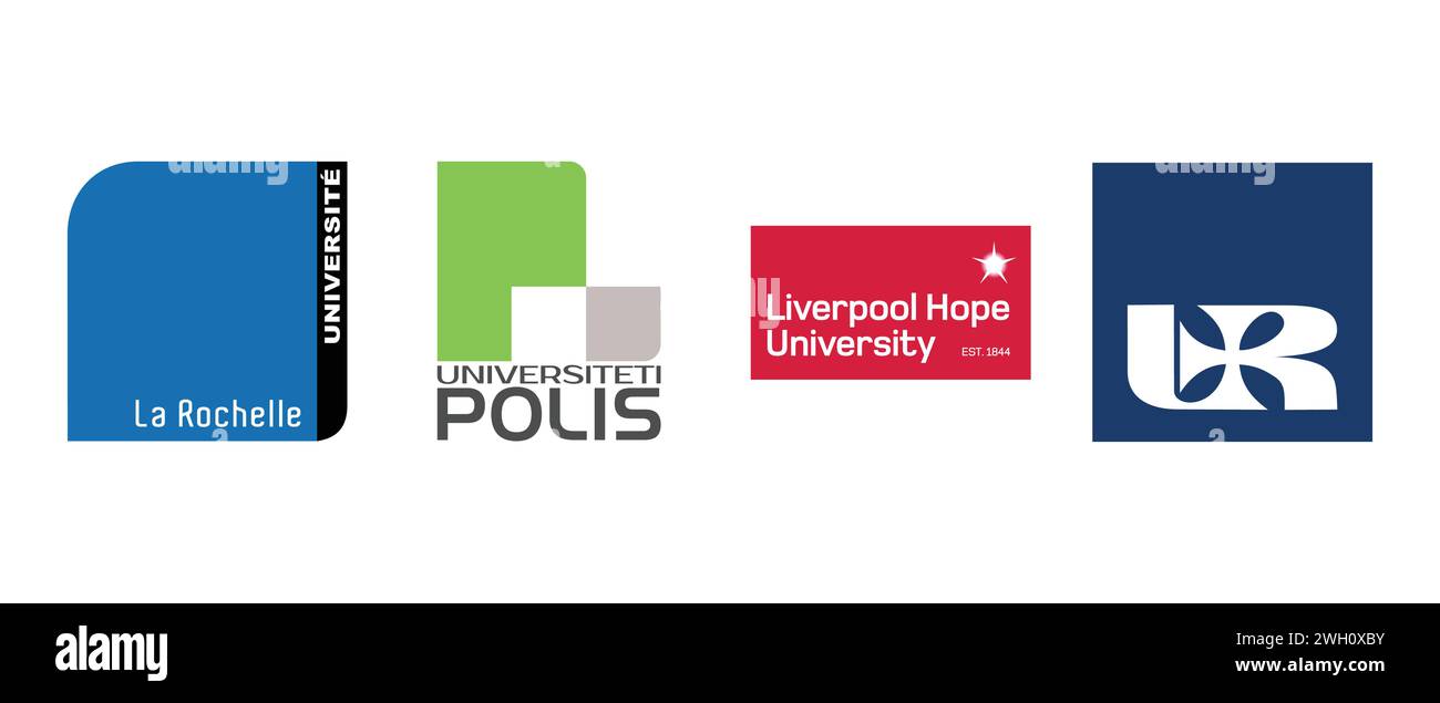 Liverpool Hope University, POL Rzeszow University, Universiteti Polis, University of La Rochelle. Vector illustration, editorial logo. Stock Vector