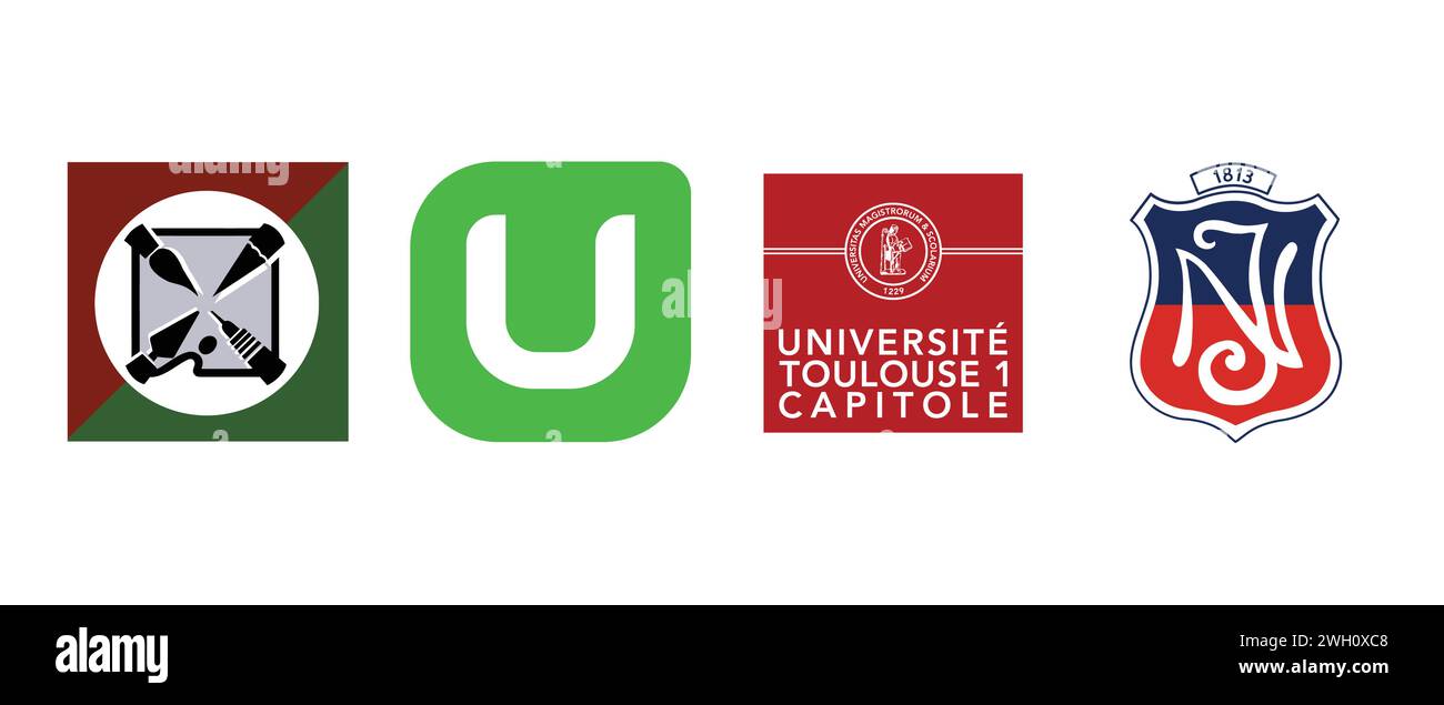 Toulouse 1 University Capitole, Udemy, Instituto Nacional Insignia, UST College of Fine Arts and Design. Vector illustration, editorial logo. Stock Vector