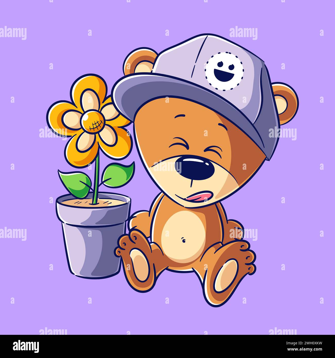 Cute bear wearing a hat sitting beside a flower pot, vector ...